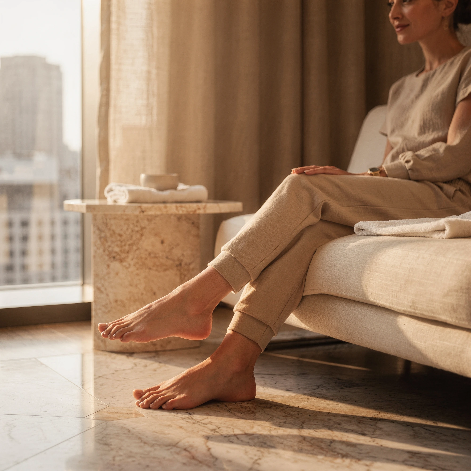 Woman sitting on a couch wearing compression sleeves on her legs in a modern apartment overlooking New York City